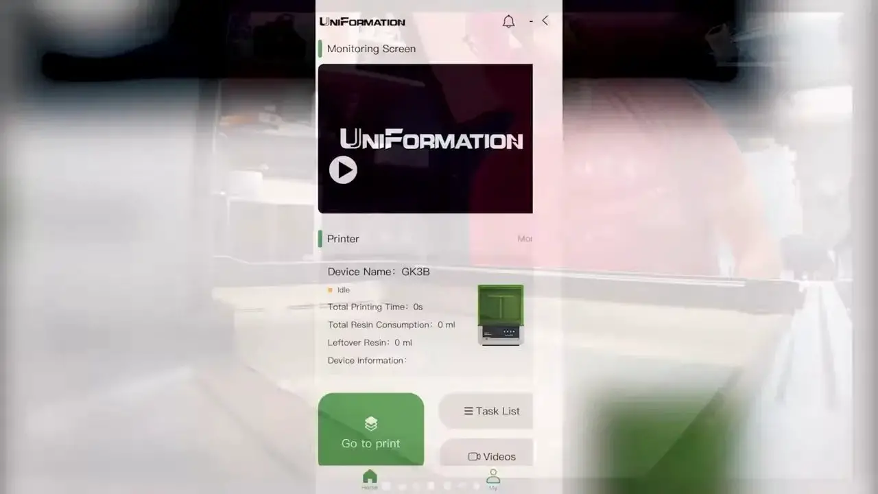 Uniformation GK3 monitoring screen in the app with live preview and device details