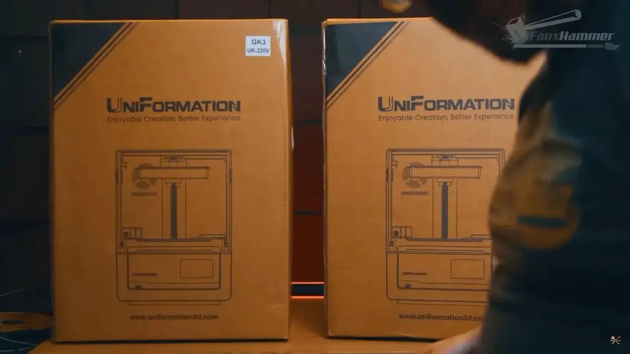 Uniformation GK3 resin printer boxes labeled GK3 UK-220V