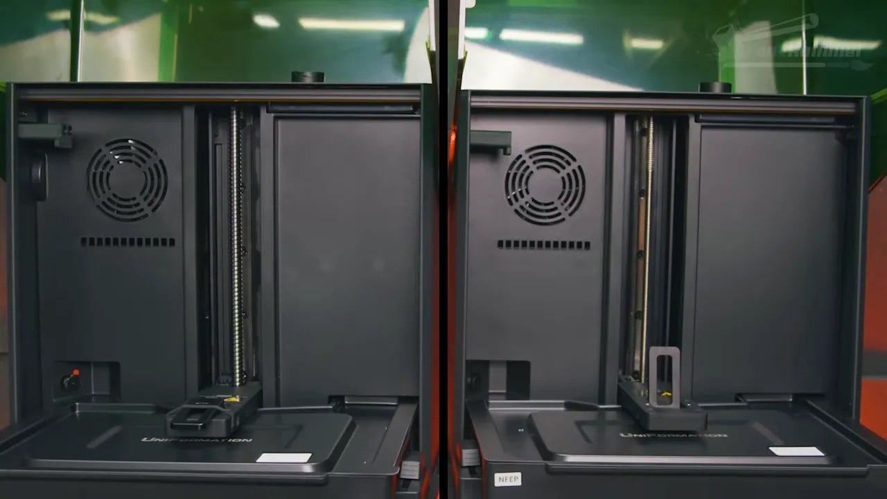 Interior view of the Uniformation GK3 resin printer showing the build platform and vat area