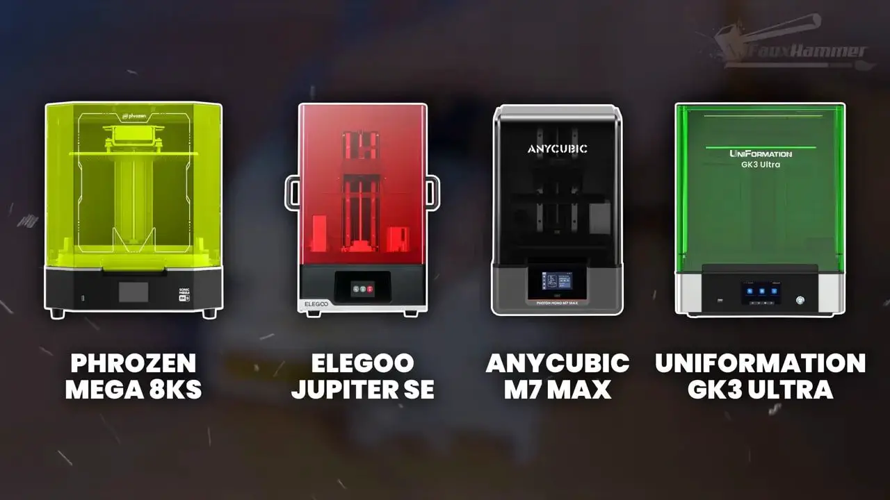 Comparison graphic of Phrozen Sonic Mega 8KS, Elegoo Jupiter SE, Anycubic M7 Max, and Uniformation GK3 Ultra resin printers