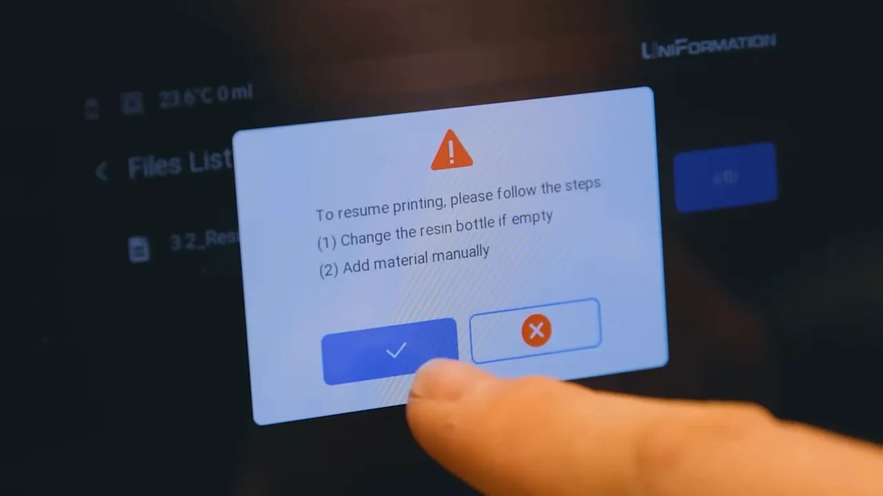 Uniformation GK3 Ultra UI resin warning: change empty bottle and add material manually to resume printing