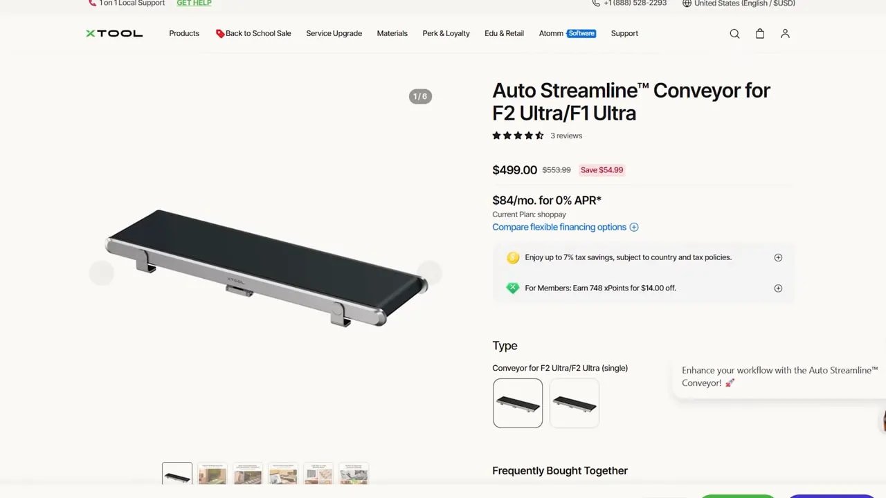 xTool Auto Streamline conveyor for F2 Ultra/F1 Ultra product page screenshot
