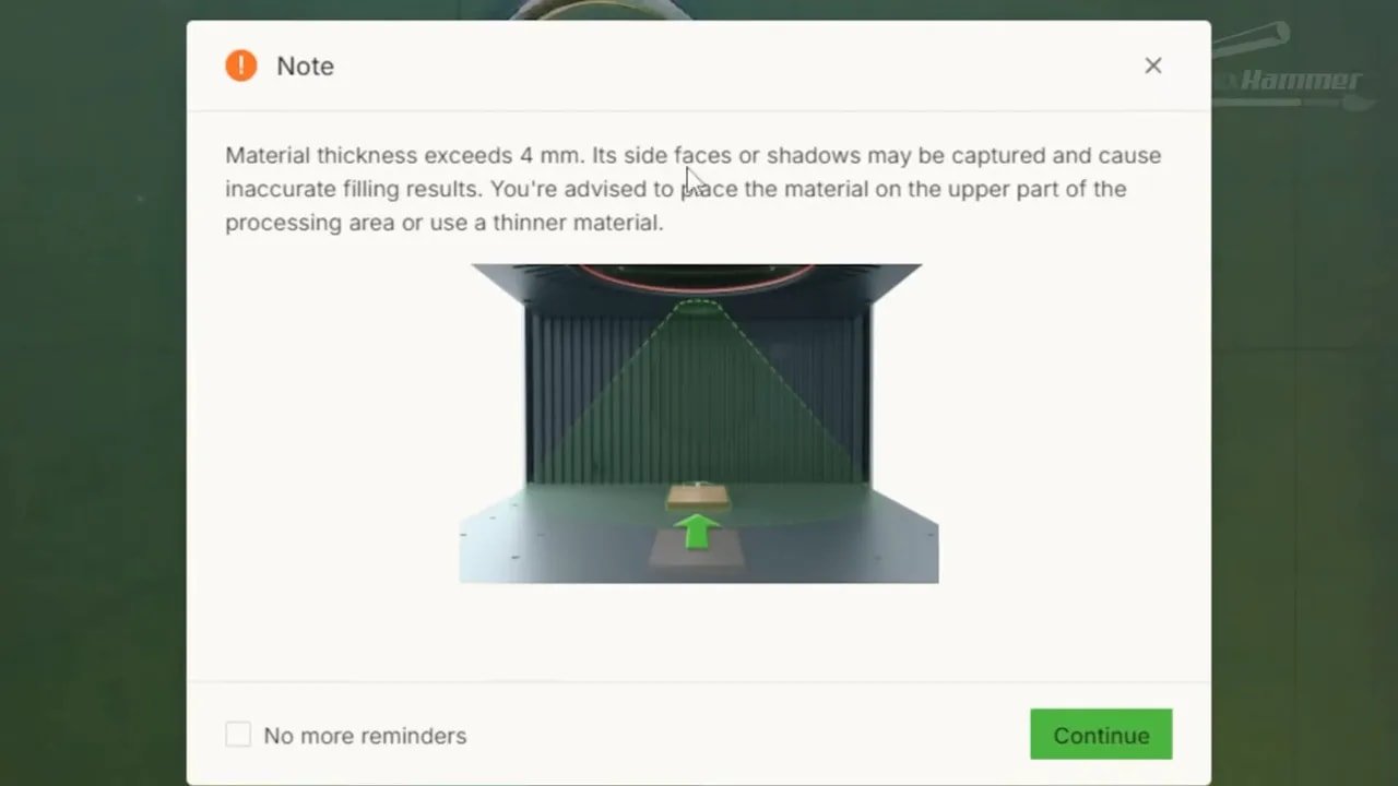 xTool Creative Space note showing correct material placement for thickness over 4 mm