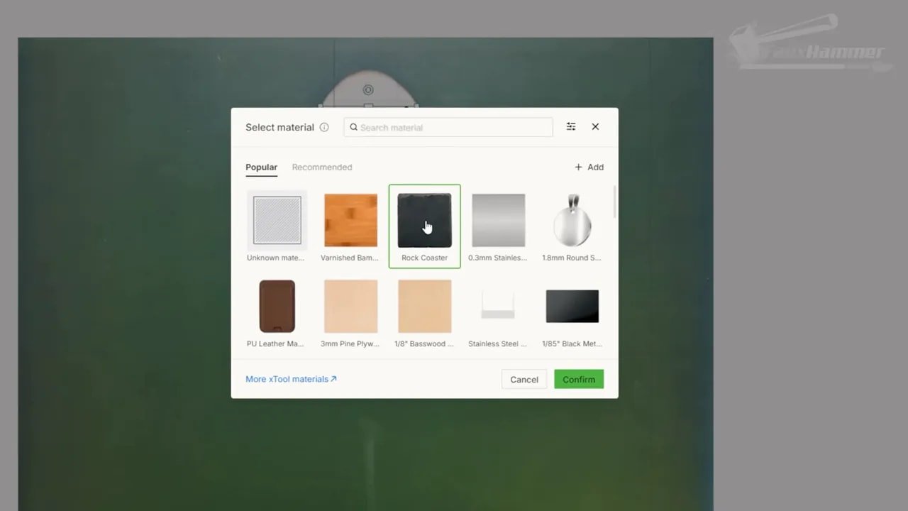 xTool Creative Space material preset selection dialog with confirm button