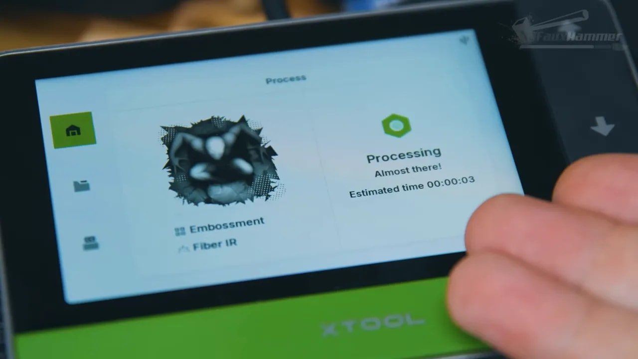 xTool F1 Ultra touchscreen during processing with estimated time remaining