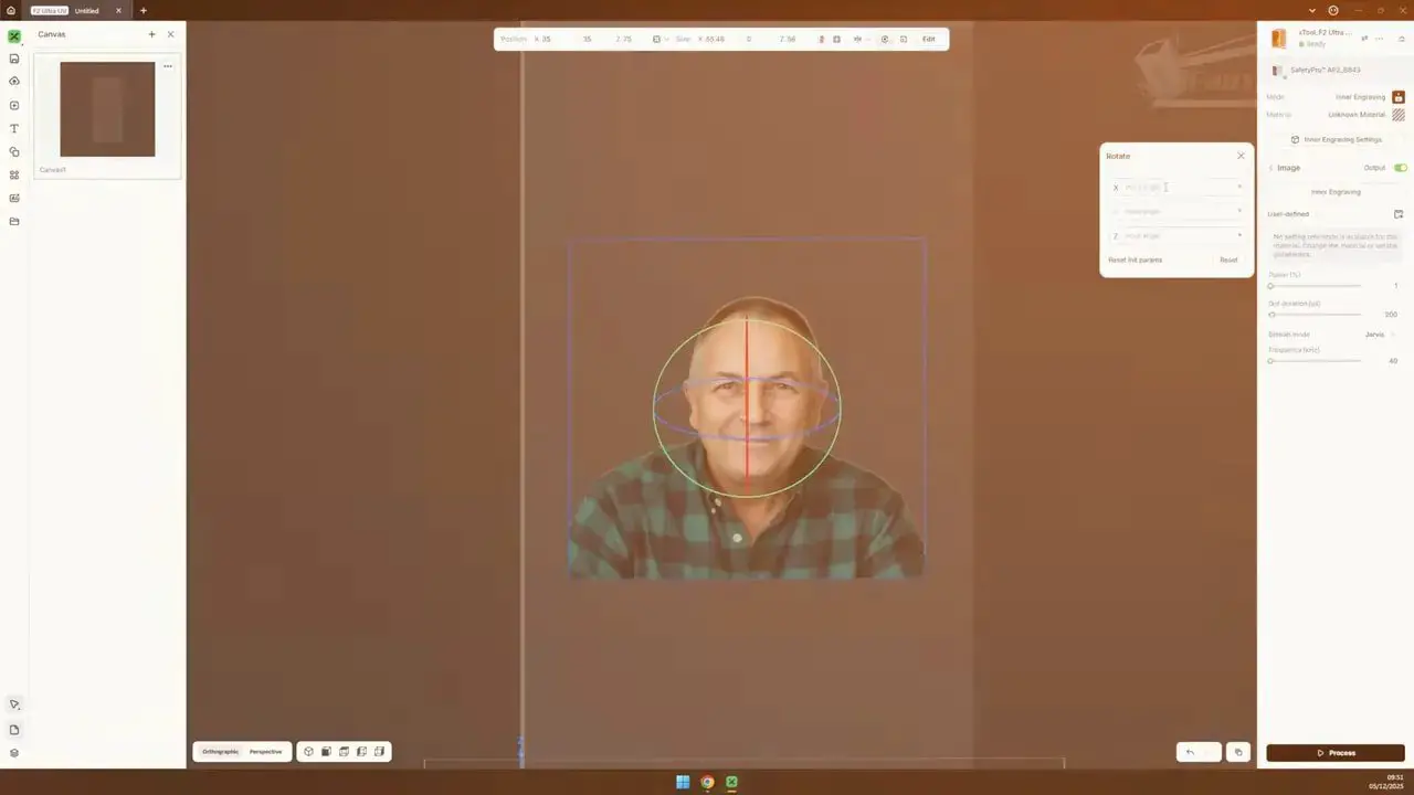 xTool software interface showing camera-based alignment guides over a framed image